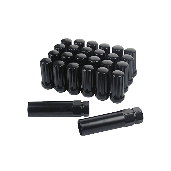 ZY Wheel 14mm x 1.5 Thread Size 51mm Long Set of 24pcs Small Diameter 7 Spline Drive Black Lug Nuts Closed End with 2 Keys