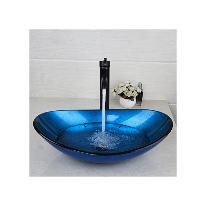 Yanksmark 22.4" Blue Glass Wash Bowl Vessel Sink Vanity sinks & Oil Rubbed Bronze Bathroom Faucet Combo Set Come With Pop Up Drain Vanity Sink