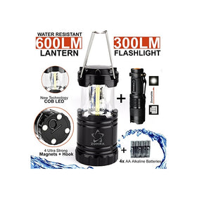 COB LED Lantern 600 Lumens & 300 Lumens Flashlight Gift box Kit with 4 AA Batteries, Magnetic Base, Ultra Bright Collapsible, Portable Hanging Survival, Emergency, Hurricane, Storm, Power Outage