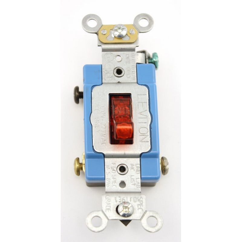 Leviton 1201-PLR 15 Amp, 120 Volt, Toggle Pilot Light, Illuminated ON, Req. Neutral Single-Pole AC Quiet Switch, Industrial Grade, Self Grounding, Red