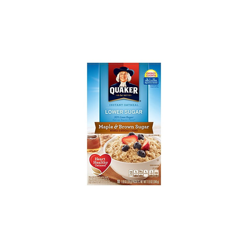 Quaker Instant Oatmeal Lower Sugar Maple & Brown Sugar, 10-Count 1.19oz Boxes (Pack of 6)