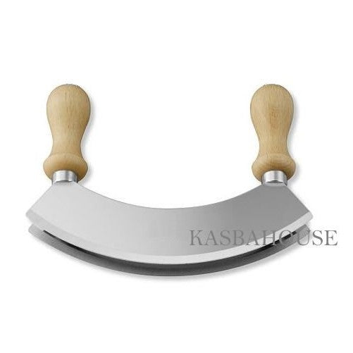 Double Blade Mezzaluna Stainless Steel and Wooden Handles.