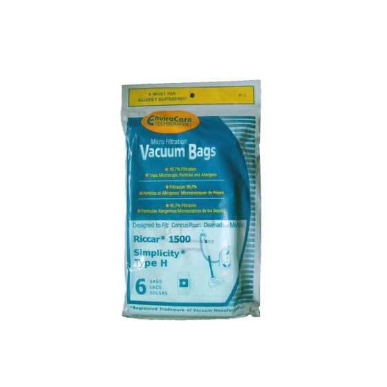 6 Riccar Simplicity Type H Vacuum Bags, Canister Vacuum Cleaners, S13L, S14CL, S18, S24, S30, S36, S38, 1500