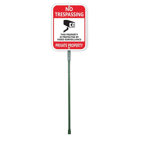 SmartSign Aluminum Sign, Legend"No Trespassing Video Surveillance" with Graphic, 12" high x 9" wide sign plus 3' tall stake, Black/Red on White