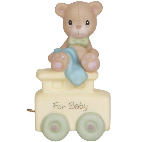 Precious Moments,May Your Birthday Be Warm, Birthday Train Baby, Bisque Porcelain Figurine, 142020