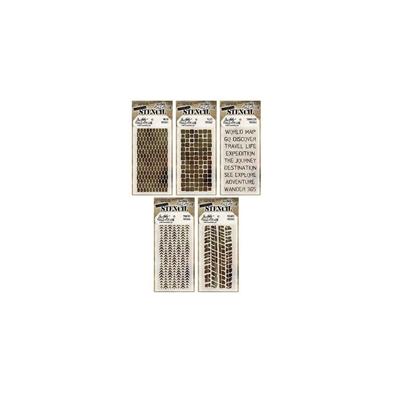 Tim Holtz - Stencils Set 3 - Five Item Bundle - Mesh, Tiles, Travelers, Tracks, and Treads