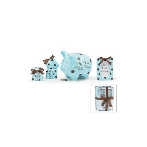 Baby Boy 4 Piece Keepsake Gift Set With Piggy Bank, First Tooth Box,First Curl Box and Photo Frame
