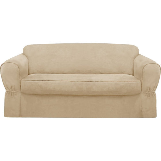 Maytex Piped Suede 2-Piece Loveseat Furniture Cover / Slipcover, Tan