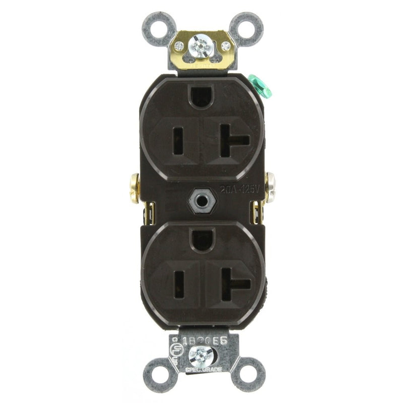 Leviton BR20 20 Amp, 125 Volt, Narrow Body Duplex Receptacle, Straight Blade, Commercial Grade, Self Grounding, Brown