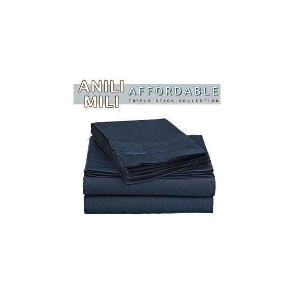 Anili Mili's Triple Stitch Embroidery Affordable 4 PC Bed Sheet Set - Full Size, Navy Blue