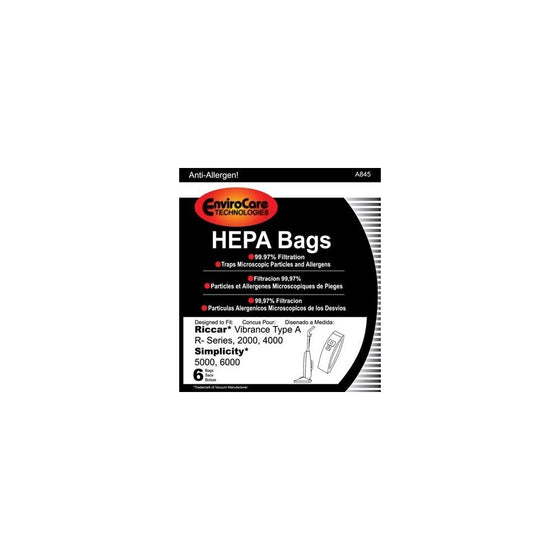EnviroCare Replacement HEPA Vacuum Bags for Riccar Vibrance Type A R-Series, 2000, 4000, Simplicity 5000, 6000 6 Pack