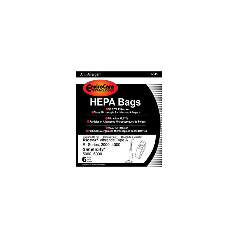 EnviroCare Replacement HEPA Vacuum Bags for Riccar Vibrance Type A R-Series, 2000, 4000, Simplicity 5000, 6000 6 Pack