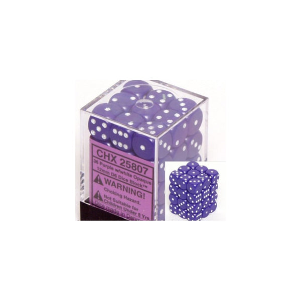 Purple with White Spots Opaque 12mm 6 Sided Dice 36 in Box