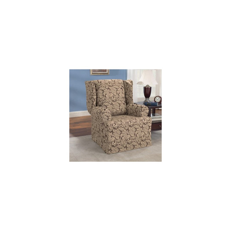 Sure Fit Scroll - Wing Chair Slipcover- Brown (SF36213)