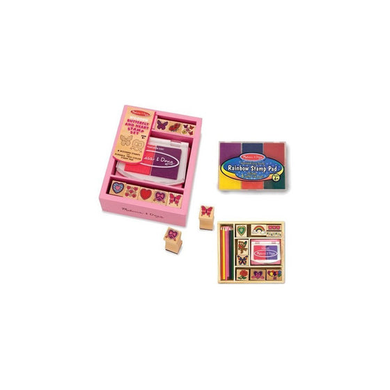 Melissa & Doug Friendship Stamp Set, Rainbow 6 Color Stamp Pad, and Butterfly And Hearts Stamp Set Bundle