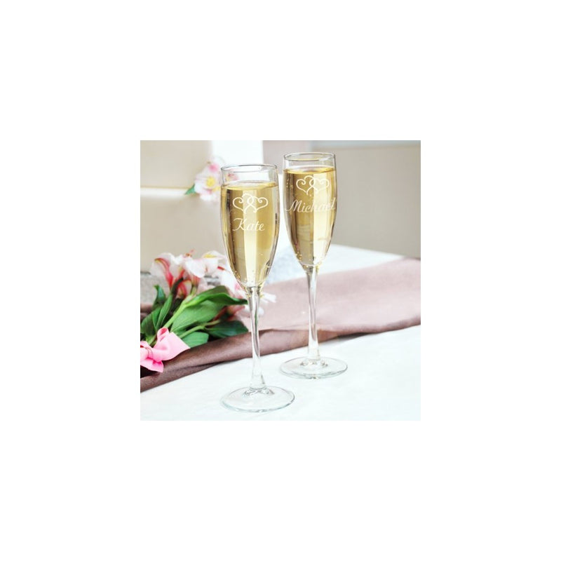 Personalized Double Hearts Toasting Flutes
