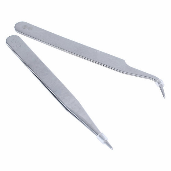 ReNext Nail Art Tweezers Curved Straight Pointed Ongles, Silver, 2 Pcs