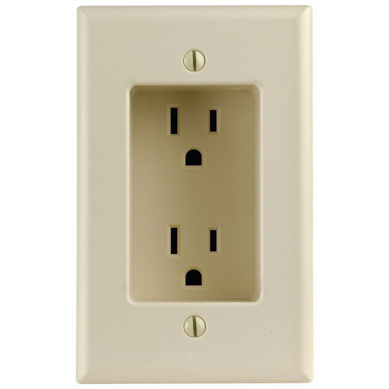 Leviton 689-I 15 Amp 1-Gang Recessed Duplex Receptacle, Residential Grade, with Screws Mounted to Housing, Ivory