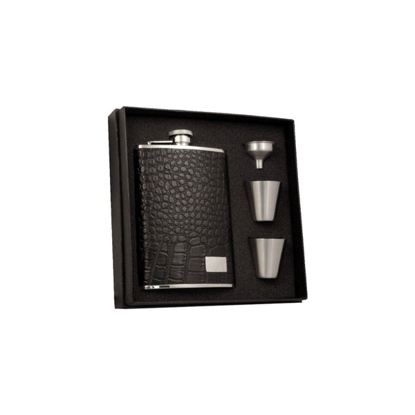 Visol "Gator" Leather Deluxe Flask Gift Set, 8-Ounce, Black