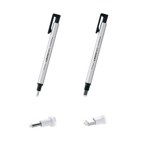 Tombow MONO Zero Pen-Style Eraser Round Tip Square Tip (Silver Barrel)