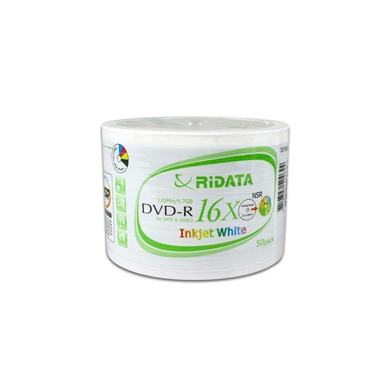 Ritek Ridata White Inkjet Hub Printable 16X DVD-R Media 100 Pack in Plastic Wrap (DRD-4716-RDIW50N)