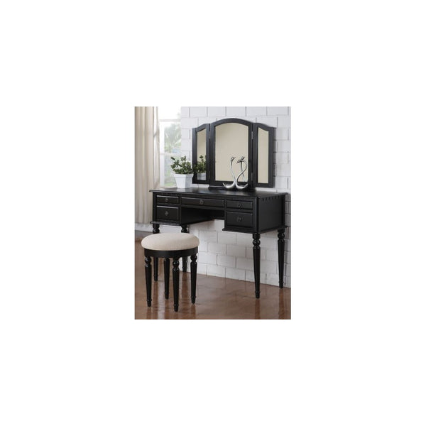 Vanity Set with 3 Fold Mirror, Drawers and Stool in Black Finish