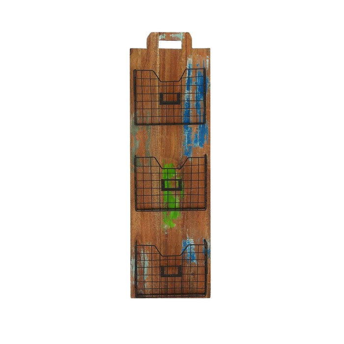 Wooden Metal Three Column Wall Rack Brand Benzara
