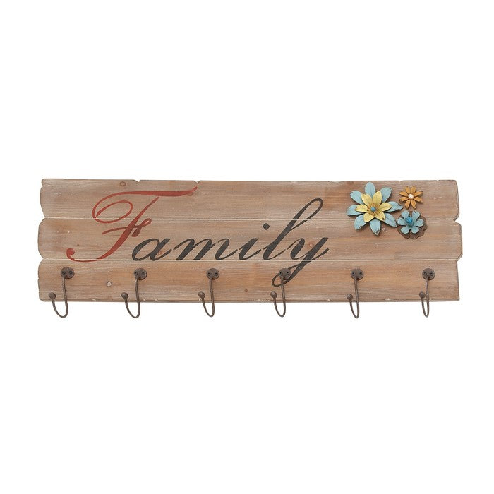 Family Themed Floral Metal Wooden Wall Hook Panel
