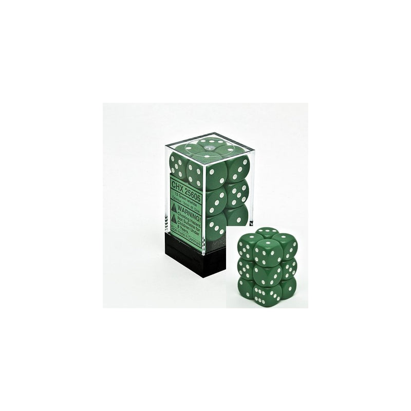 Opaque 16mm d6 Green w/White Dice Block 12 pipped dice