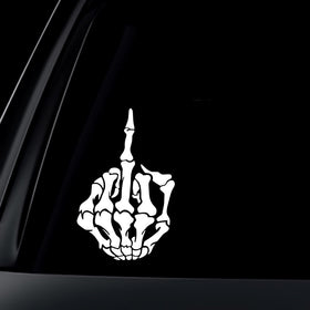 World Design SKULL Skeleton Bone Middle Finger Flipping Off Car Decal/Sticker- White