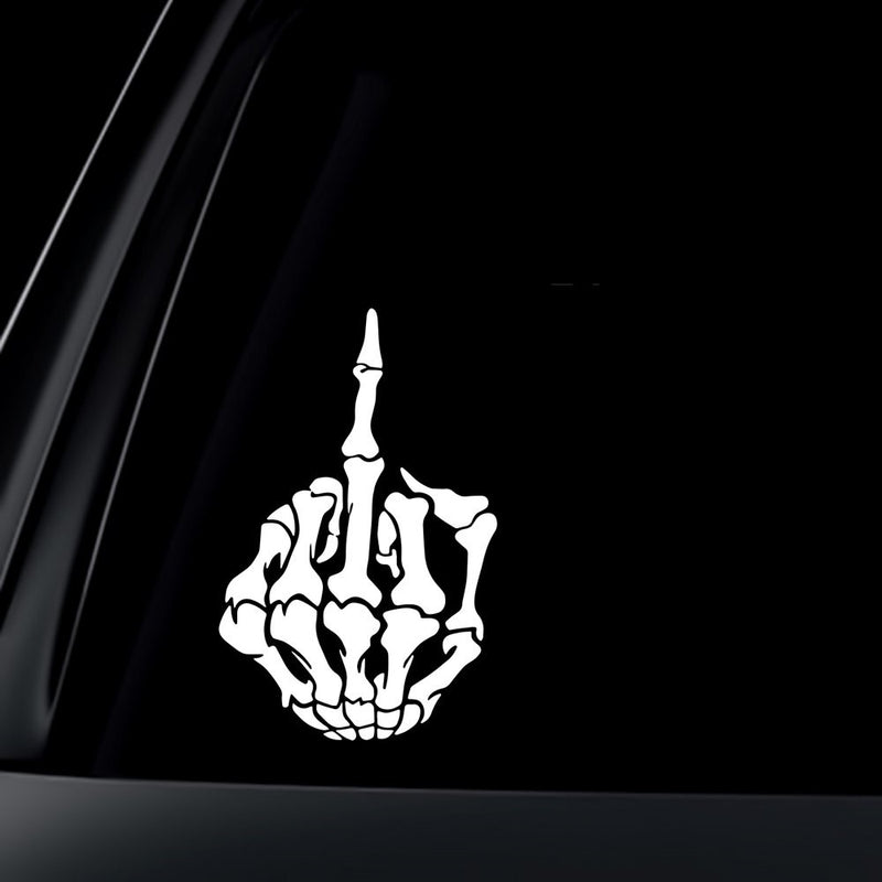 World Design SKULL Skeleton Bone Middle Finger Flipping Off Car Decal/Sticker- White