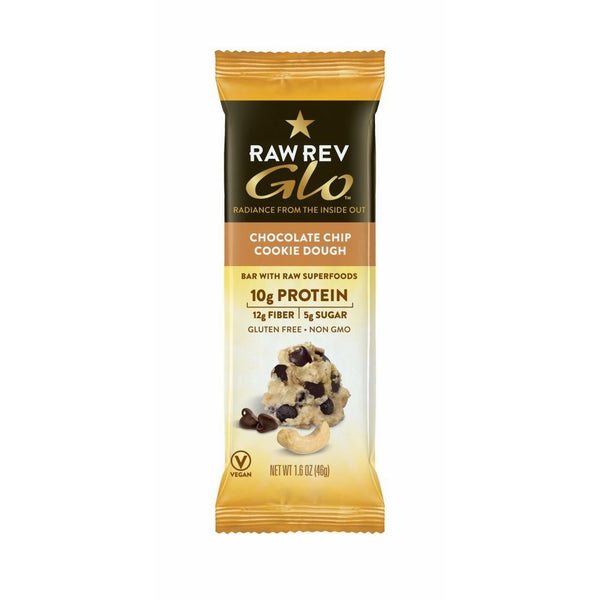 Raw Rev Glo Vegan, Gluten-Free Protein Bars - Chocolate Chip Cookie Dough 1.6 ounce (Pack of 12)