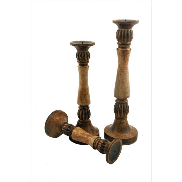 Benzara Mango Wood Vintage Style Candleholder/Candlestick, Set of 3, Brown