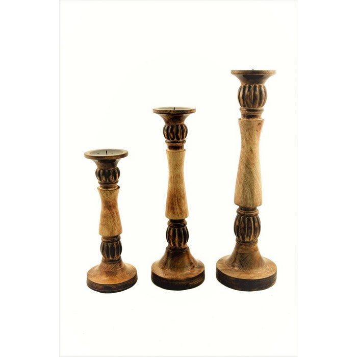 Benzara Mango Wood Vintage Style Candleholder/Candlestick, Set of 3, Brown