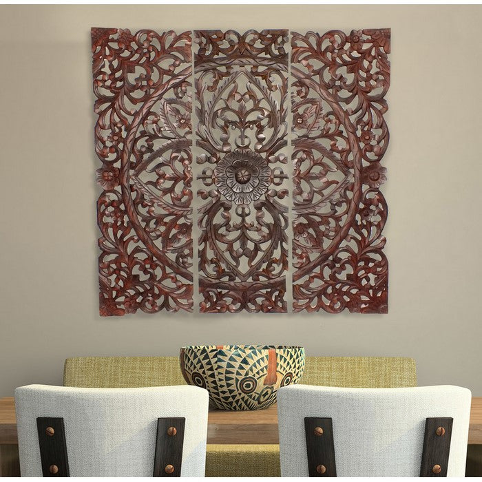 Three Piece Wooden Wall Panel Set with Traditional Scrollwork and Floral Details, Brown