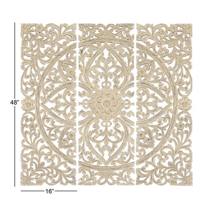 Benzara Floral Hand Carved Wooden Wall Plaque, Set of three, Antique White