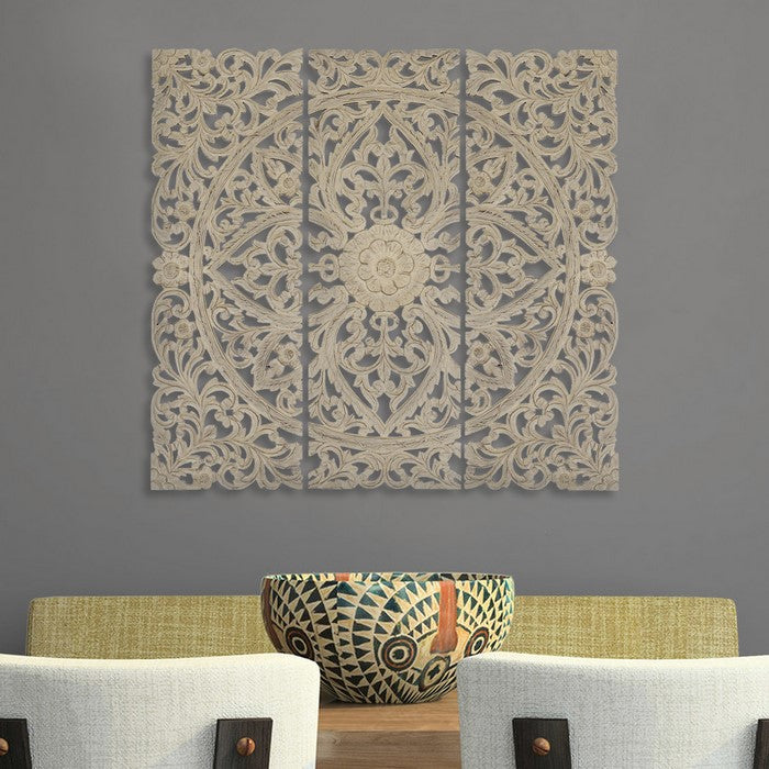 Benzara Floral Hand Carved Wooden Wall Plaque, Set of three, Antique White