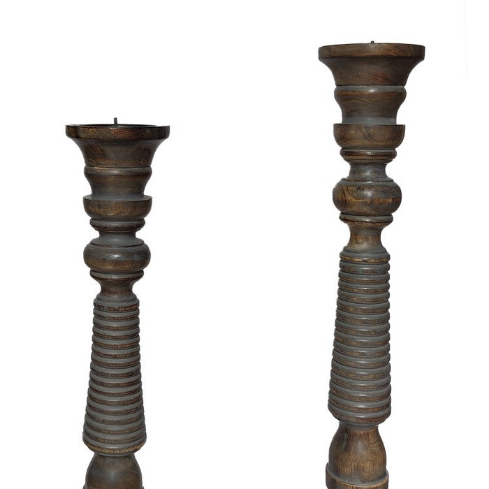 Handmade Wooden Candle Holder with Ribbed Pattern, Brown and Gray, Set of 3