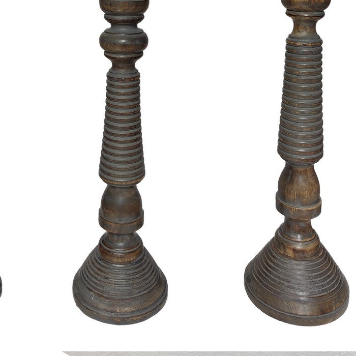 Handmade Wooden Candle Holder with Ribbed Pattern, Brown and Gray, Set of 3