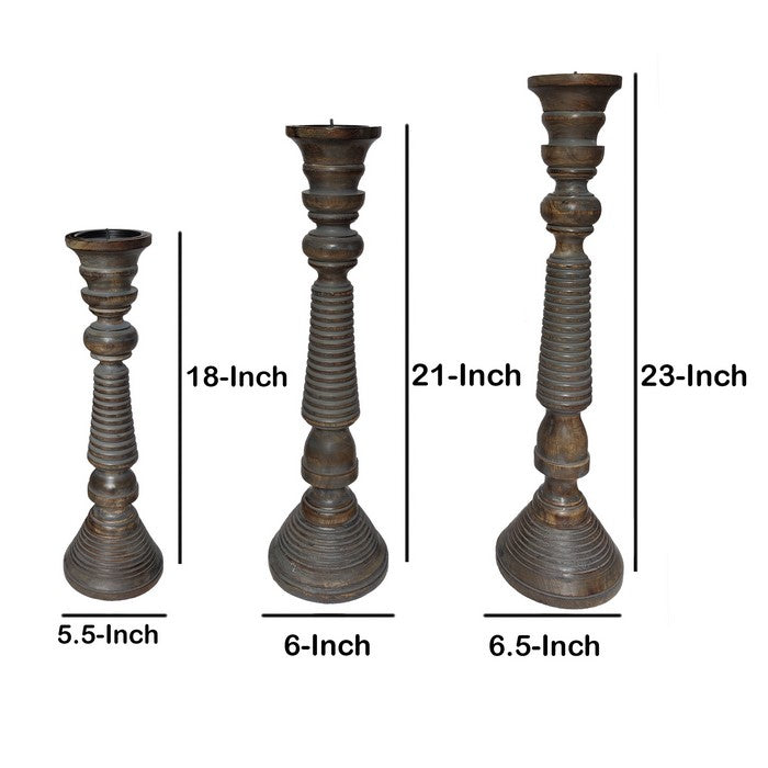 Handmade Wooden Candle Holder with Ribbed Pattern, Brown and Gray, Set of 3