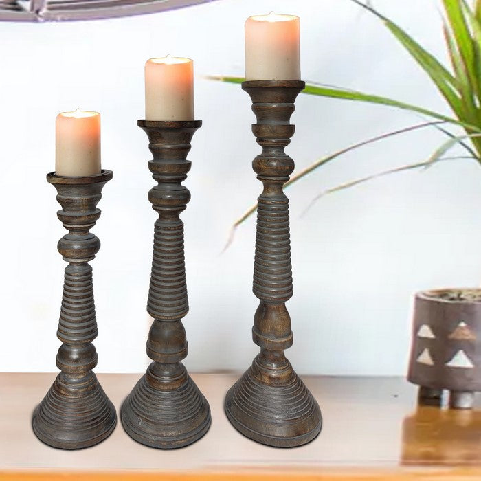 Handmade Wooden Candle Holder with Ribbed Pattern, Brown and Gray, Set of 3