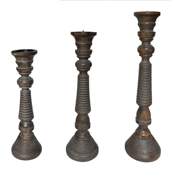 Handmade Wooden Candle Holder with Ribbed Pattern, Brown and Gray, Set of 3
