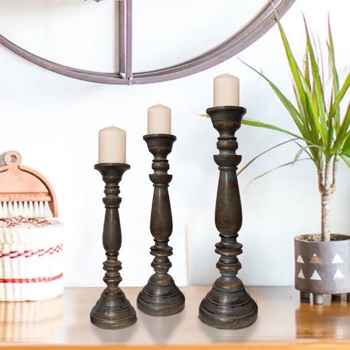Handmade Pillar Shape Wooden Candle Holder with Flared Top, Brown and Gray, Set of 3