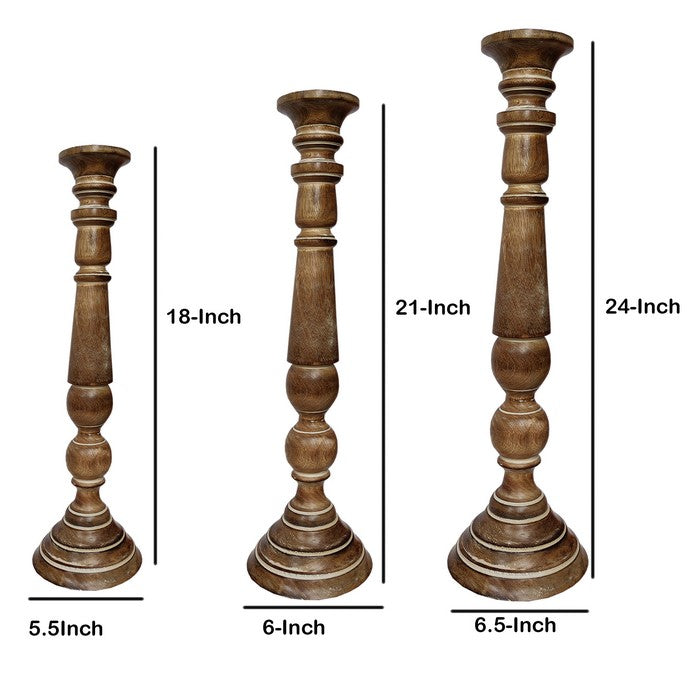 Handmade Wooden Candle Holder with Flared Top, Natural Brown, Set of 3