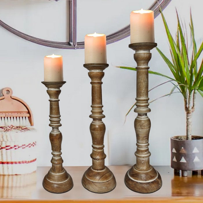 Handcrafted Distressed Wooden Candle Holder with Pedestal Body, Brown, Set of 3