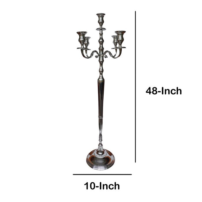 48 Inches Handcrafted 5 Arms Aluminum Candelabra with Fluted Top, Silver