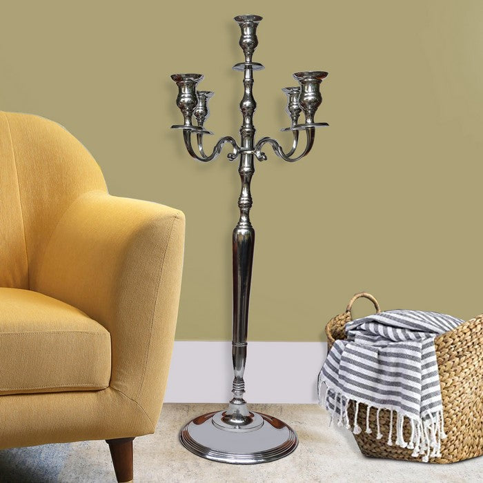 48 Inches Handcrafted 5 Arms Aluminum Candelabra with Fluted Top, Silver