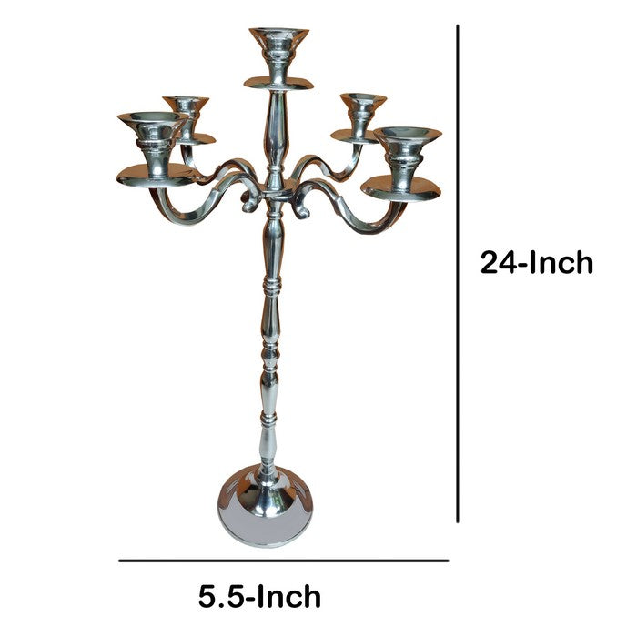 24 Inches Handmade 5 Arms Aluminum Candelabra with Pedestal Body, Polished Silver
