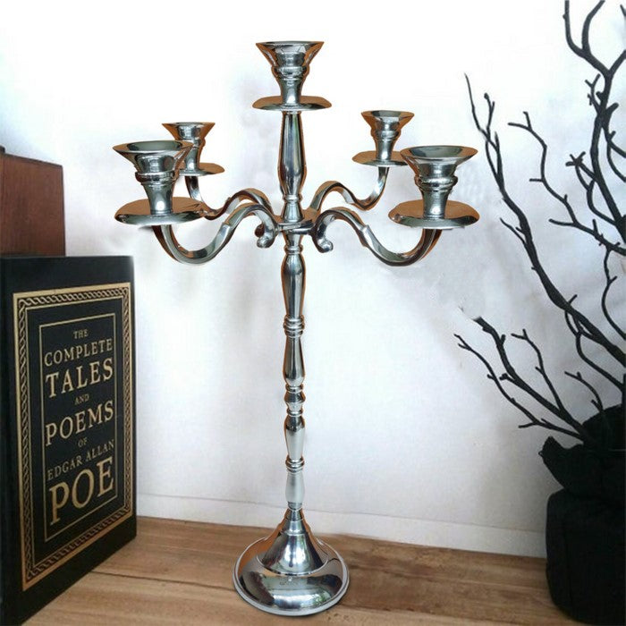 24 Inches Handmade 5 Arms Aluminum Candelabra with Pedestal Body, Polished Silver