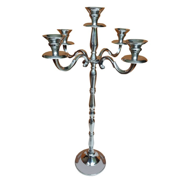 24 Inches Handmade 5 Arms Aluminum Candelabra with Pedestal Body, Polished Silver
